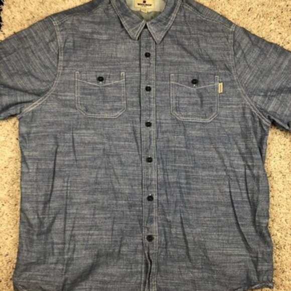 Woolrich Button Up Shirt Mens XL Blue Short Sleeve Blue Denim Cotton Pocket - Picture 1 of 8